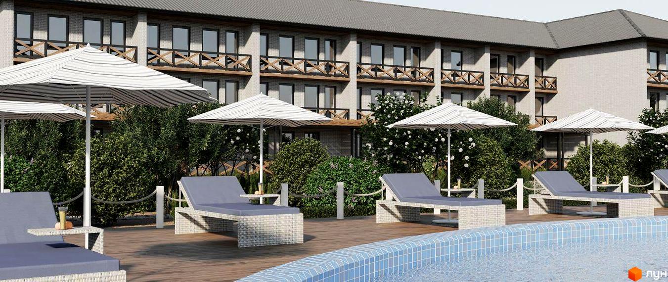 Житловий комплекс Хвиля з цегляним фасадом та дерев'яними балконами. Біля будинку розташовані шезлонги під парасольками біля басейну.