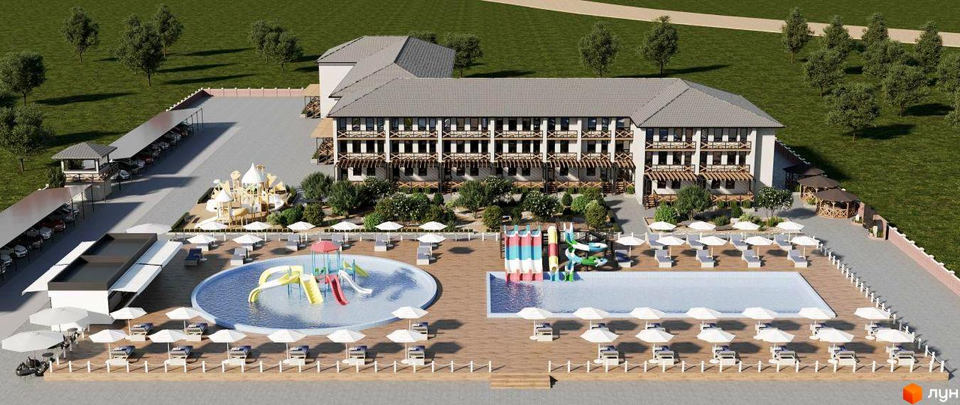 Житловий комплекс Хвиля: триповерхова будівля з балконами, басейн з водними гірками, дитячий майданчик та парковка.