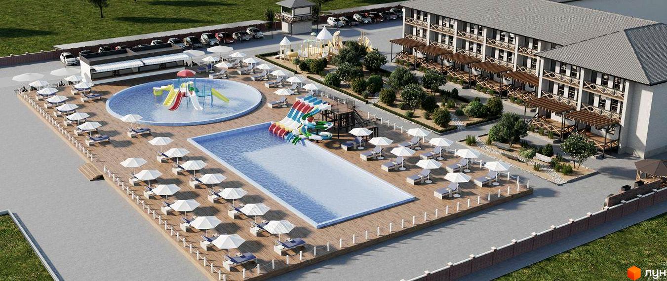 Житловий комплекс Хвиля з багатоповерховими будинками та дерев'яними балконами. На території є басейни з водними гірками, зона відпочинку з шезлонгами та дитячий майданчик.