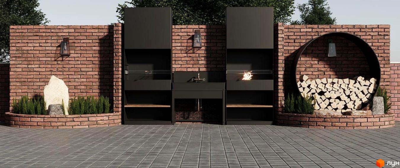 Прибудинкова територія Житлового комплексу Хвиля з цегляною стіною, зоною барбекю, мийкою та місцем для зберігання дров.