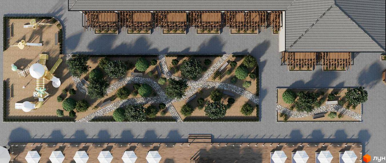 Житловий комплекс Хвиля: вид зверху на дитячий майданчик, зелену зону з доріжками та лавками, а також на будівлі з навісами та терасами.