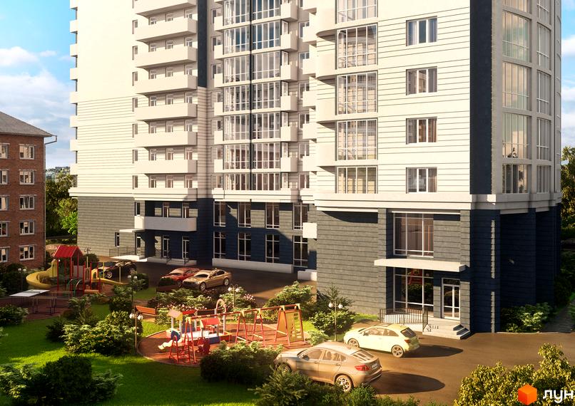 Зображення фасаду та прибудинкової території Житлового комплексу Либідь. Багатоповерхова будівля з великою кількістю вікон, дитячий майданчик та парковка.