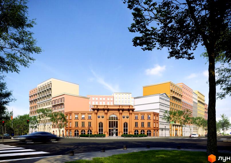 Житловий комплекс Via Roma з різнокольоровими фасадами та центральною будівлею з арковими вікнами, розташований вздовж вулиці з деревами.