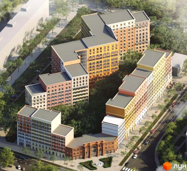 Житловий комплекс Via Roma: будівлі з різнокольоровими фасадами та старовинною спорудою. Територія озеленена, з дорогами та пішохідними зонами.