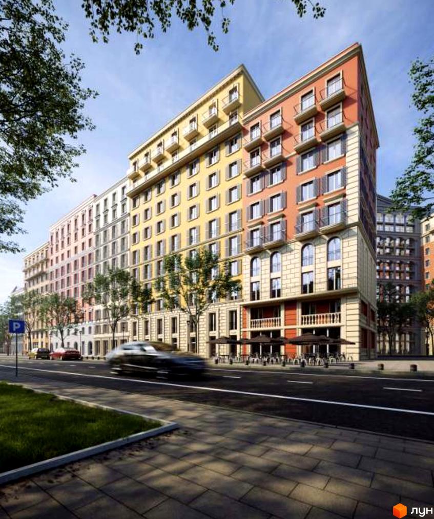 Житловий комплекс Via Roma: багатоповерхова будівля з різнокольоровим фасадом та балконами, розташована вздовж дороги з деревами та тротуаром.