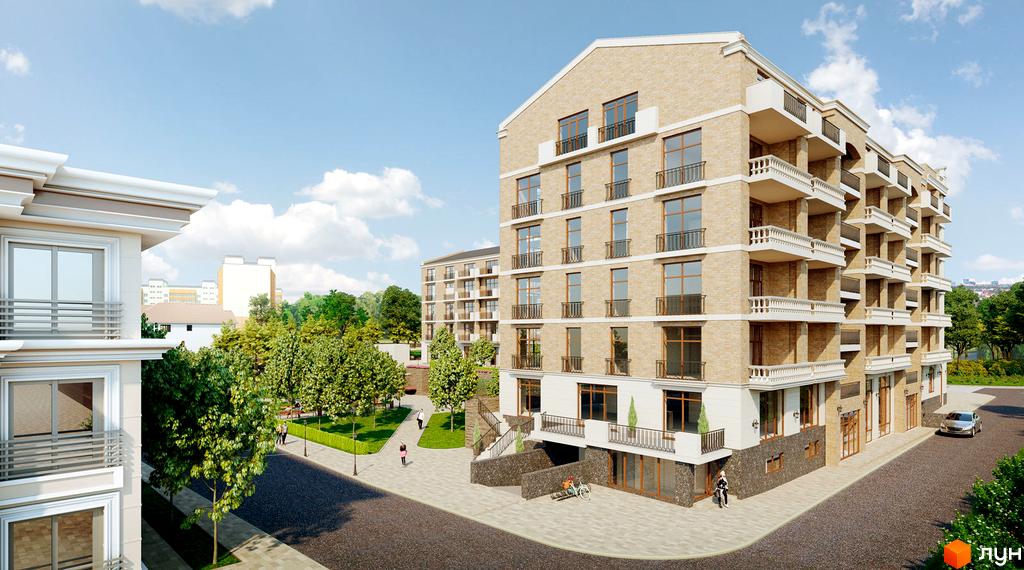 Клубний будинок Liberty Residence з цегляним фасадом, балконами та прибудинковою територією з деревами та доріжками.