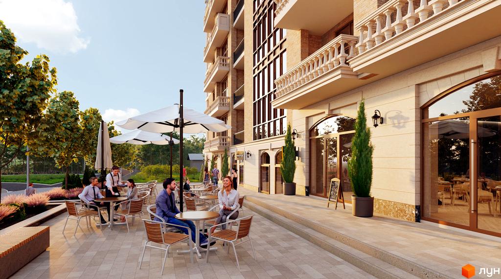 Клубний будинок Liberty Residence з терасою та літніми майданчиками для відпочинку. Навколо будинку доглянута прибудинкова територія з деревами та місцями для відпочинку.