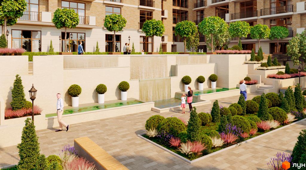 Клубний будинок Liberty Residence з каскадними водоспадами та ландшафтним дизайном. Прибудинкова територія з зонами відпочинку та озелененням.