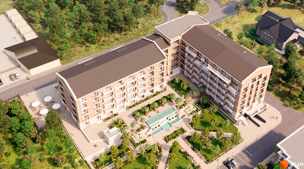 Клубний будинок Liberty Residence з цегляним фасадом та балконами, оточений зеленим ландшафтом з басейном та зонами відпочинку.