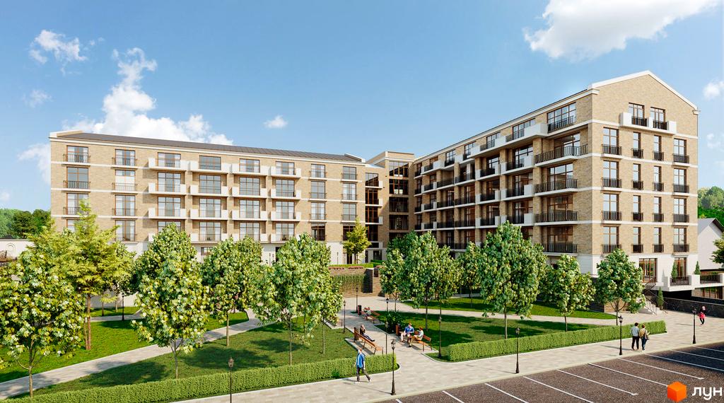 Клубний будинок Liberty Residence: світлий фасад, балкони, зелена прибудинкова територія з лавками та пішохідними доріжками.