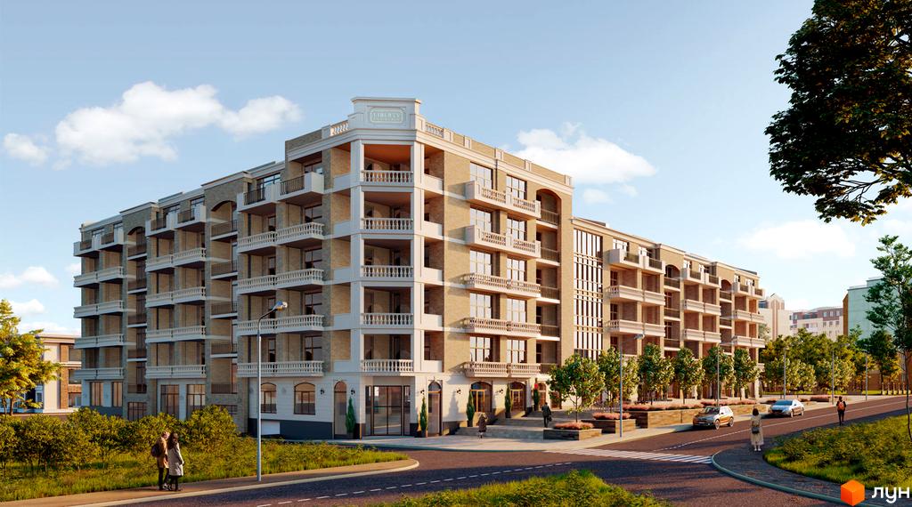 Клубний будинок Liberty Residence з балконами та колонами, розташований біля дороги з деревами та пішохідною зоною.