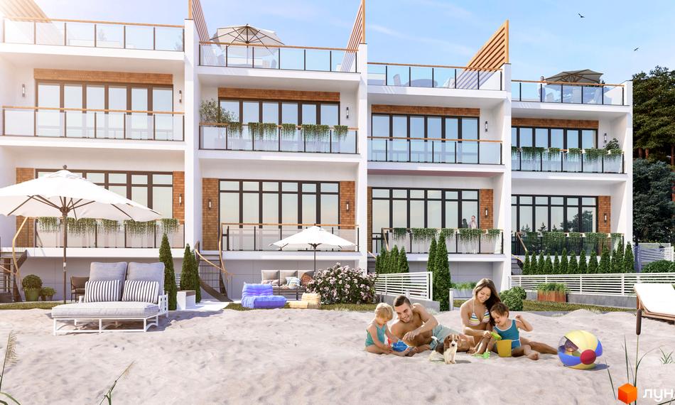 Котеджне містечко BEREGA: білі будинки з панорамними вікнами та скляними балконами, перед якими піщаний пляж з відпочиваючою родиною.