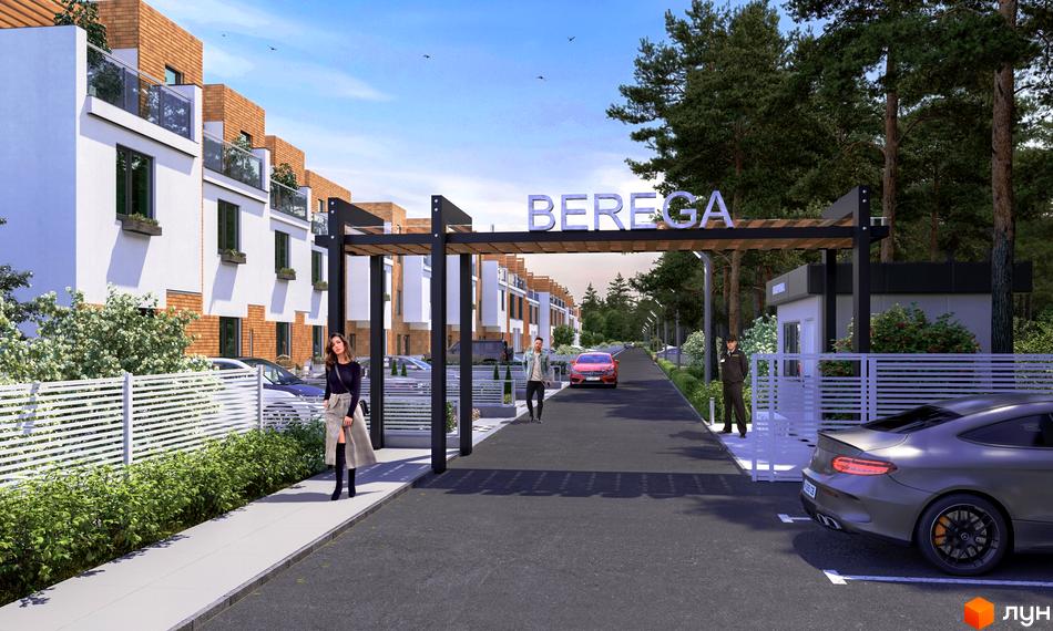 Котеджне містечко BEREGA – це сучасна забудова з білими фасадами та цегляними елементами, огороджена парканом та з доглянутою прибудинковою територією.