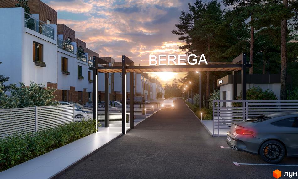 Ряд білих та цегляних котеджів з балконами. В'їзд до Котеджного містечка BEREGA з аркою та освітленою дорогою, оточеною деревами.