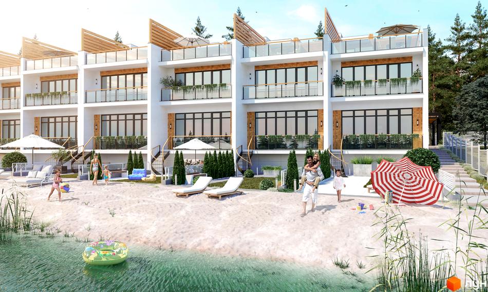 Котеджне містечко КМ BEREGA з білими фасадами та дерев'яними елементами на березі водойми. На піщаному пляжі відпочиває родина, навколо зелені насадження.