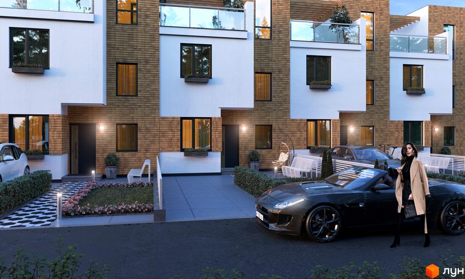 Котеджне містечко BEREGA: будинки з білими фасадами та дерев'яним оздобленням, доглянута територія з газонами та підсвічуванням.