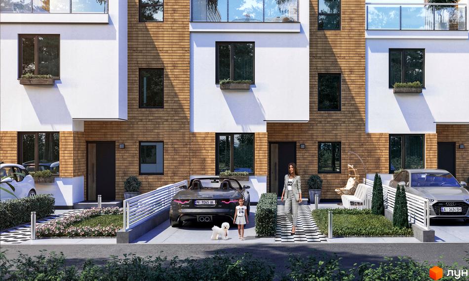 Котеджне містечко КМ BEREGA. Зовнішній вигляд будинків з дерев'яним фасадом та білою штукатуркою, прибудинкова територія з автомобілями та зеленими насадженнями.