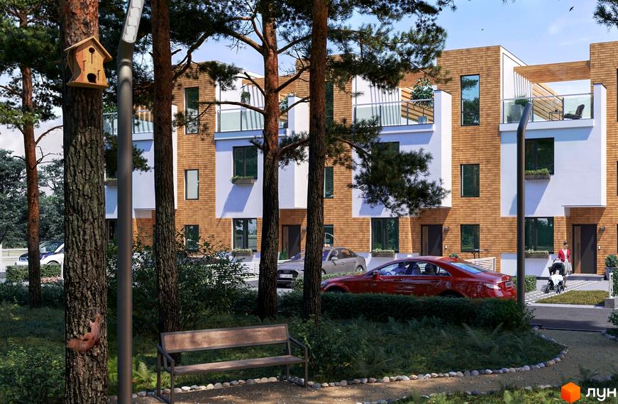 Котеджне містечко BEREGA: будинки з коричневим облицюванням та білими фасадами, оточені зеленою територією з деревами та лавкою.