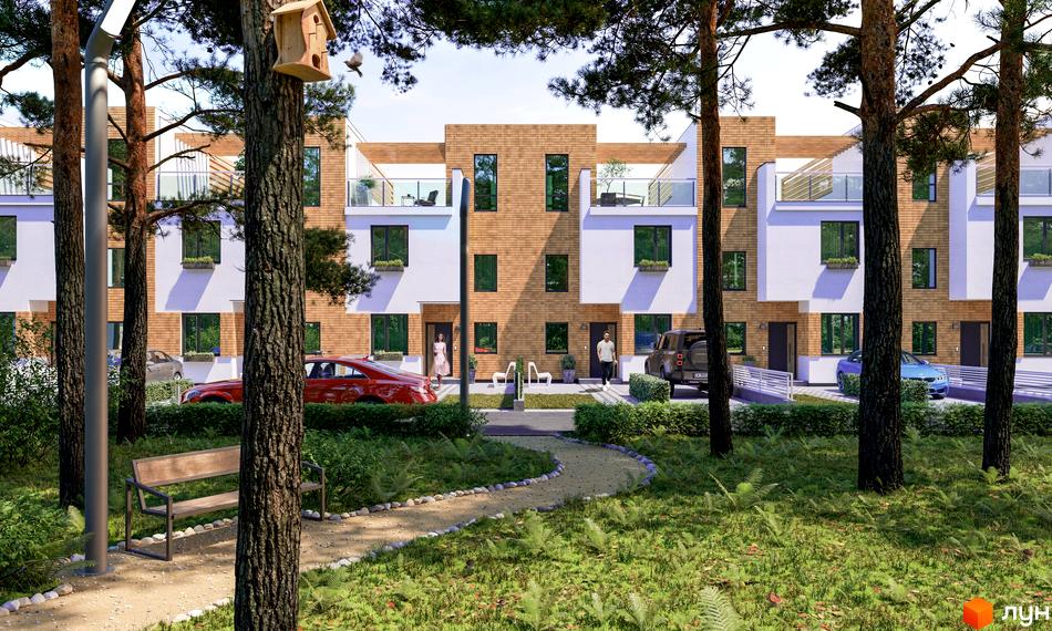 Котеджне містечко BEREGA: будинки з цегляними та білими фасадами, великими вікнами та балконами. Прибудинкова територія з деревами, газоном та доріжками.