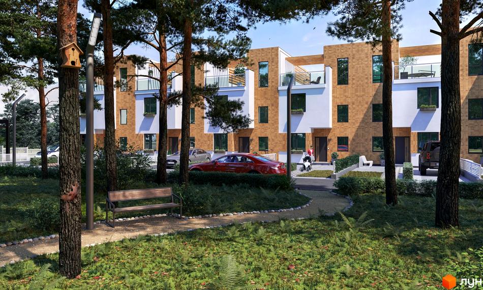 Котеджне містечко КМ BEREGA: триповерхові будинки з коричневим фасадом та білими вставками, балконами та великими вікнами, оточені соснами та зеленою територією з лавкою.