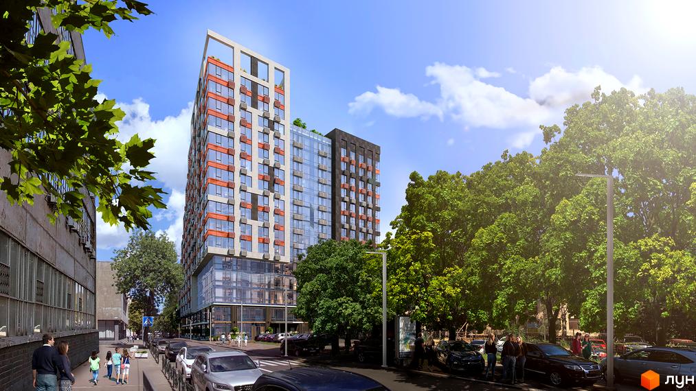 Житловий комплекс АРСЕНАЛ House - це сучасна новобудова з панорамними вікнами та оранжевими елементами фасаду, розташована вздовж вулиці з деревами та припаркованими автомобілями.