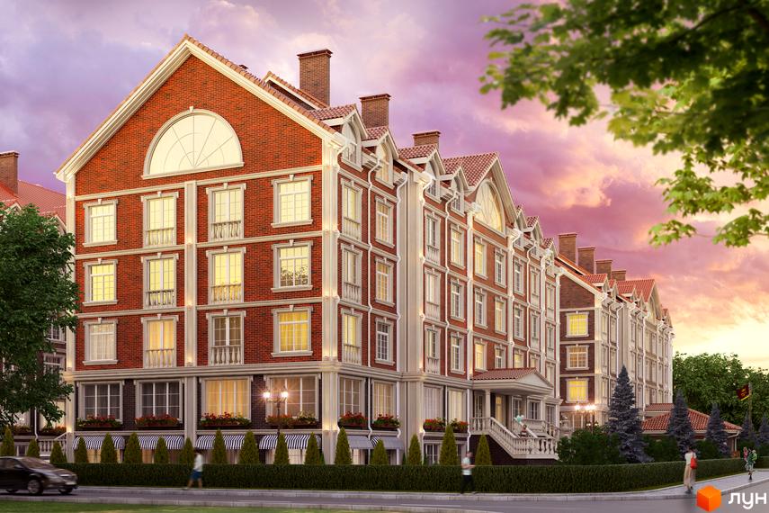 Зображення фасаду та прибудинкової території Житлового комплексу Британський квартал. Цегляні будинки з великими вікнами та зеленими насадженнями.