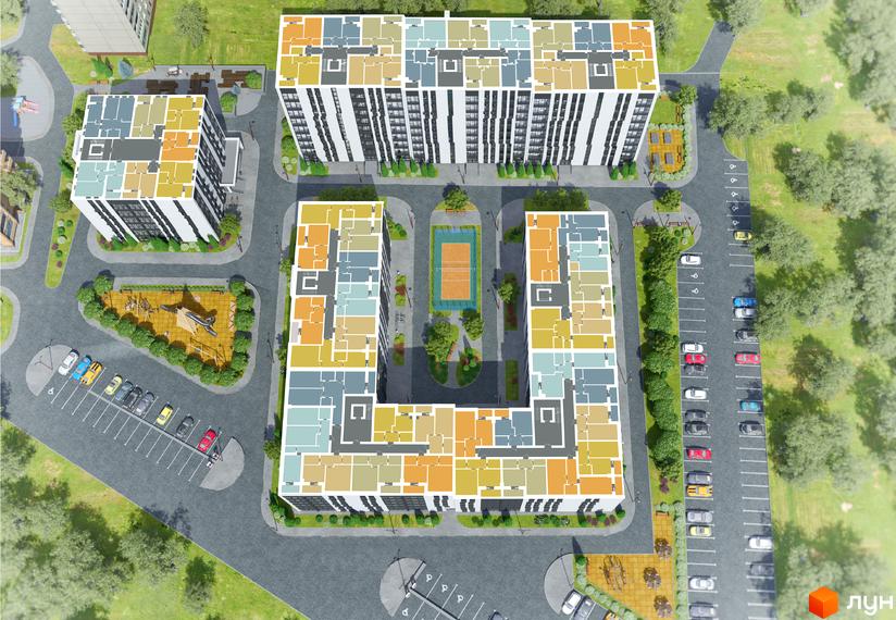 Зовнішній вигляд житлового комплексу Сонячний з різнокольоровими квартирами та прибудинковою територією з парковкою та дитячим майданчиком.