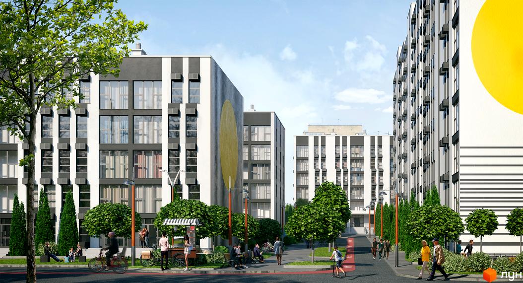 Житловий комплекс Сонячний: фасади будинків з вертикальними смугами та великими вікнами, зелена прибудинкова територія з деревами та людьми.