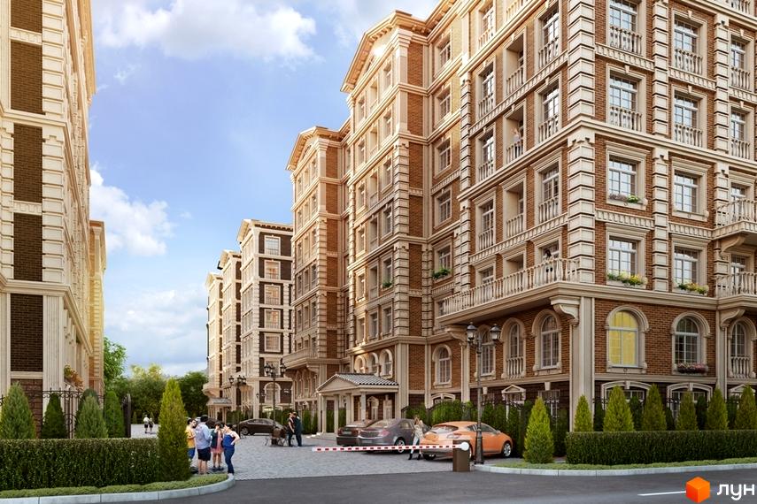 Зображення фасаду та прибудинкової території Житлового комплексу Британський квартал. Багатоповерхові будинки з балконами та зеленими насадженнями.