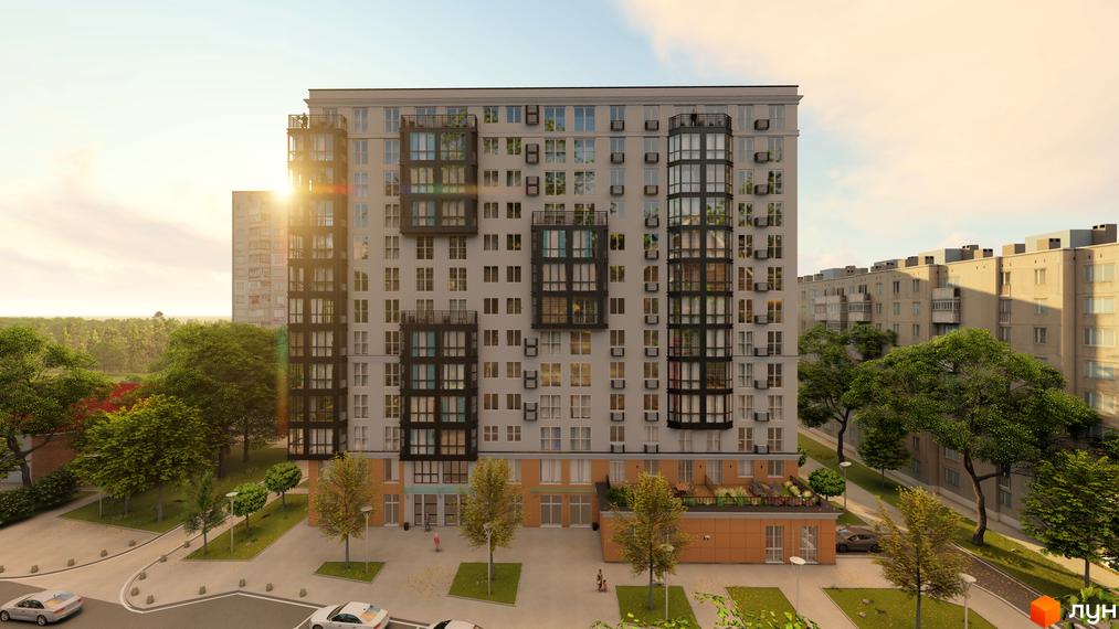 Зовнішній вигляд новобудови ЖК Янтарний з балконами та вікнами, прибудинкова територія з деревами та дорогою.