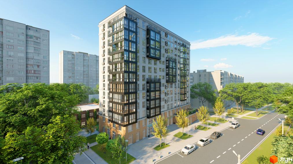 Багатоповерховий будинок Житлового комплексу Янтарний зі світлим фасадом та скляними балконами, оточений зеленими деревами та дорогою з автомобілями.