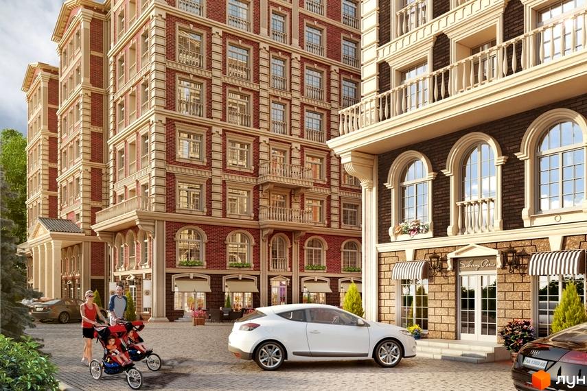 Зображення фасаду та прибудинкової території Житлового комплексу British Quarter. Архітектура будинку в класичному стилі, біля будівлі припарковані авто.