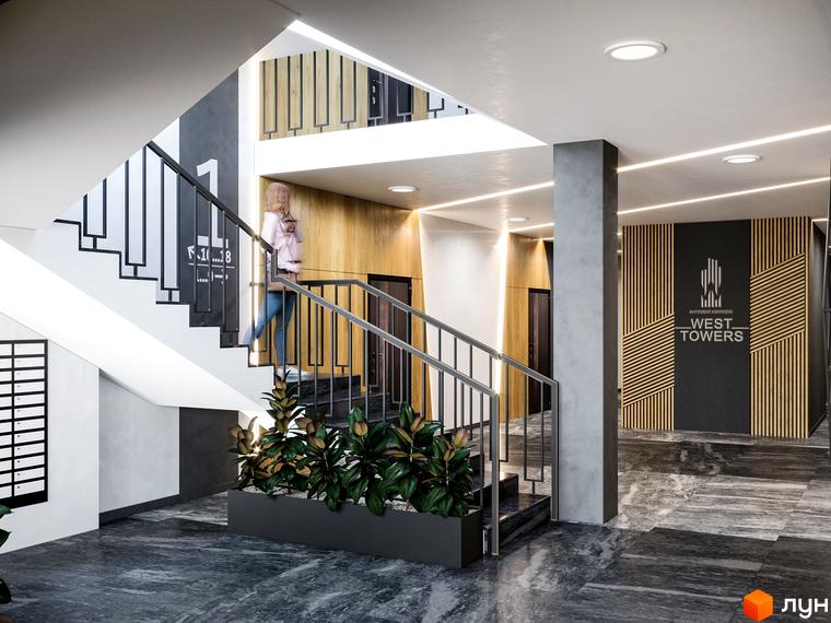 Сучасний інтер'єр вхідної групи житлового комплексу West Towers з сходами та рослинами. Огляд лобі новобудови West Towers.