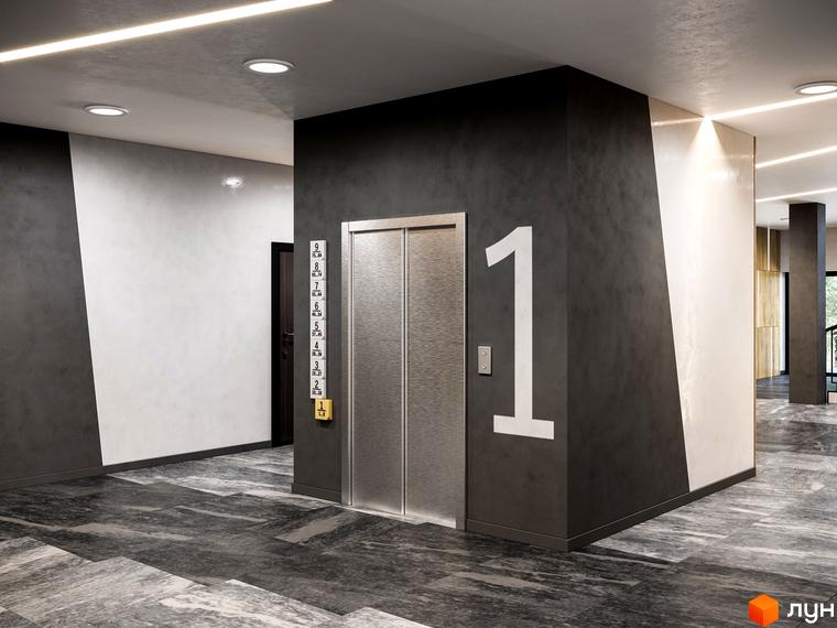 Сучасний інтер'єр першого поверху ЖК West Towers з ліфтом та великим числом 
