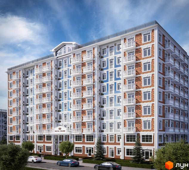 Зображення фасаду багатоповерхового будинку в Житловому комплексі Royal House. На передньому плані прибудинкова територія з деревами та автомобілями.
