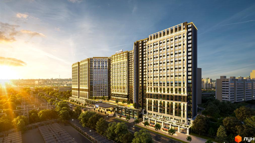 Житловий комплекс POLARIS Home&Plaza з багатосекційною забудовою та великими вікнами, освітлений сонцем. Поруч дорога, дерева та міський пейзаж.