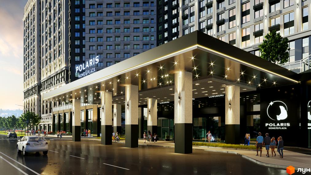 Багатоповерховий будинок POLARIS Home&Plaza з великим вхідним навісом та освітленням. Навколо проїжджа частина, тротуар з пішоходами та зелені насадження.