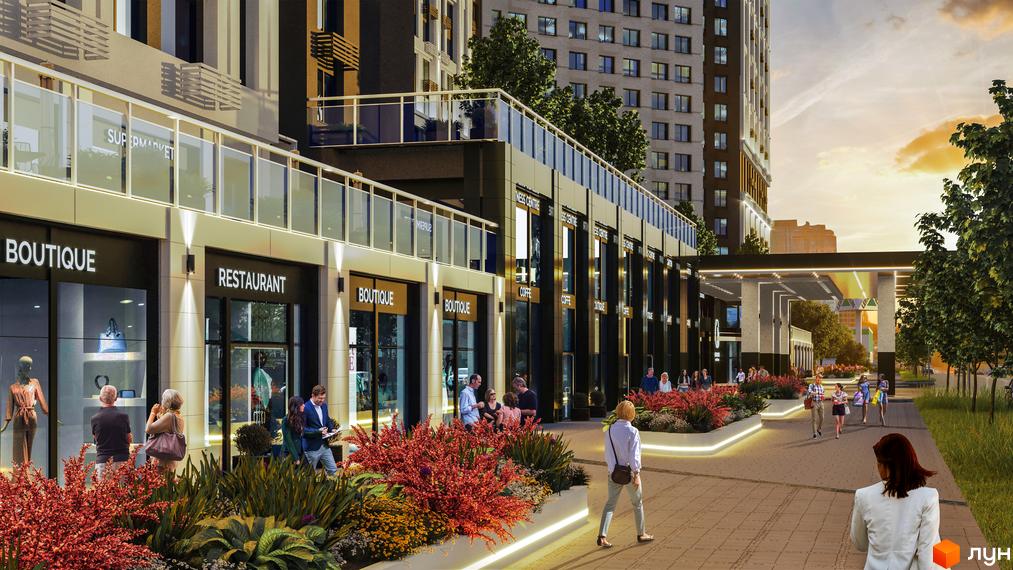 Багатоповерховий будинок POLARIS Home&Plaza з комерційними приміщеннями. Пішохідна зона з магазинами, ресторанами та доглянутими насадженнями.