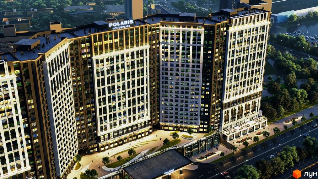 Зображення фасаду та прибудинкової території Житлового комплексу POLARIS Home&Plaza. Висотні будинки з великою кількістю вікон.