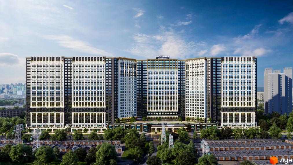 Житловий комплекс POLARIS Home&Plaza з багатосекційним фасадом та великими вікнами. Навколо розташовані дерева, дорога та господарські споруди.