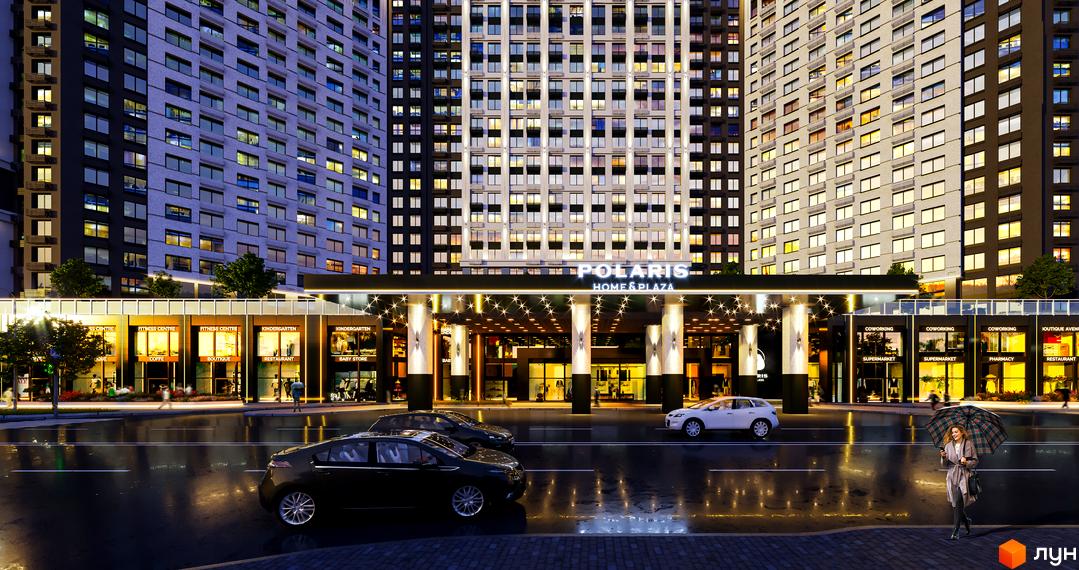 Зображення фасаду Polaris Home&Plaza з магазинами та автомобілями. Житловий комплекс з великою кількістю вікон.