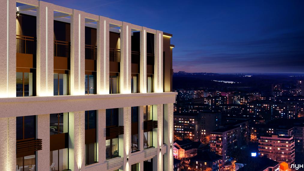 Зображення фасаду будинку POLARIS Home&Plaza вночі. Вигляд на місто з вікон Житлового комплексу.