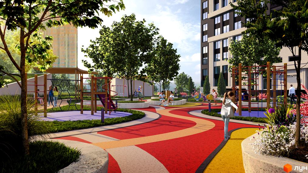 Зображення прибудинкової території Житлового комплексу POLARIS Home&Plaza з дитячим майданчиком та місцями для відпочинку.
