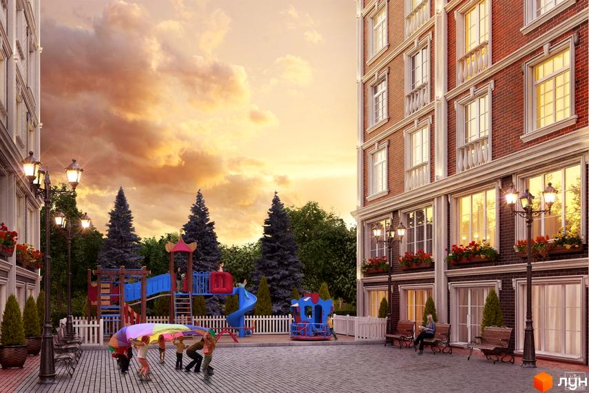 Зображення фасаду та подвір'я Житлового комплексу Британський квартал. На території розташований дитячий майданчик та місця для відпочинку.