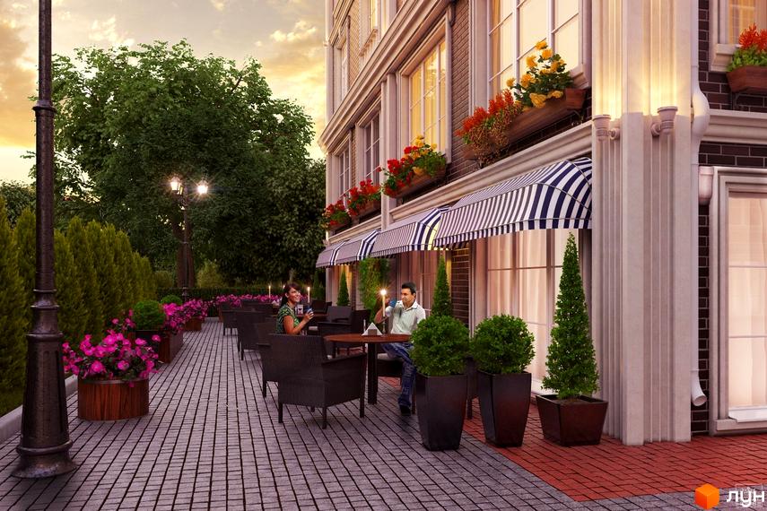 Зображення фасаду та літнього майданчика Будівельного проєкту British Quarter. Прибудинкова територія з ландшафтним дизайном та місцями для відпочинку.