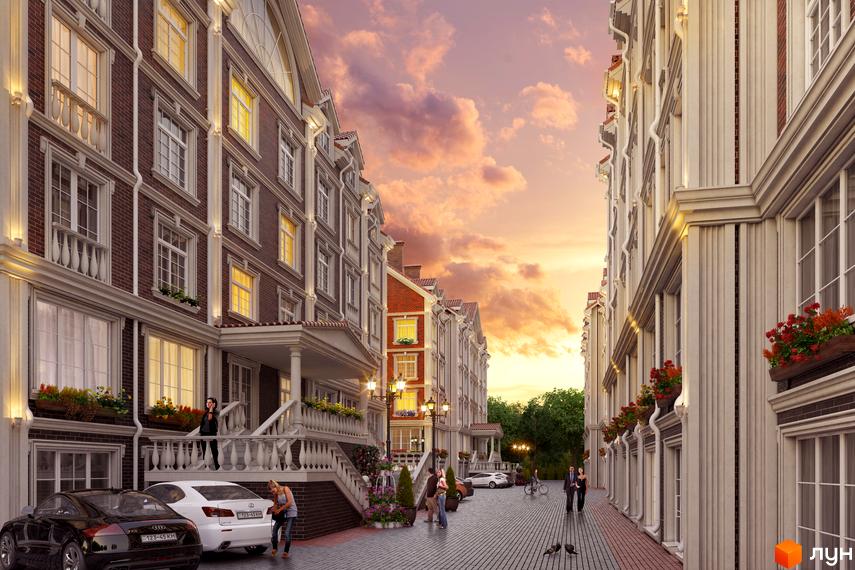 Зображення фасаду будинків Житлового комплексу Британський квартал. На фото прибудинкова територія з припаркованими автомобілями та пішоходами.