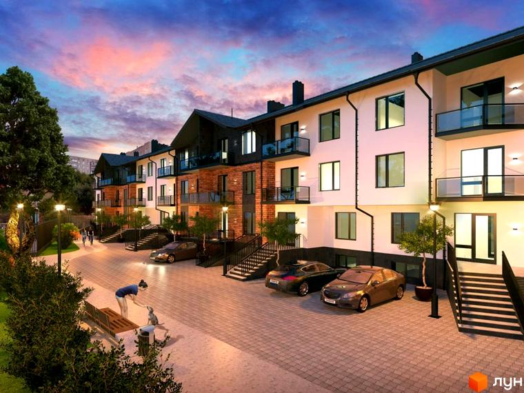 Ряд багатоповерхових будинків Житлового комплексу Art House з білими та цегляними фасадами, темними дахами та балконами. На території видно бруківку, автомобілі, зелені насадження та людей.