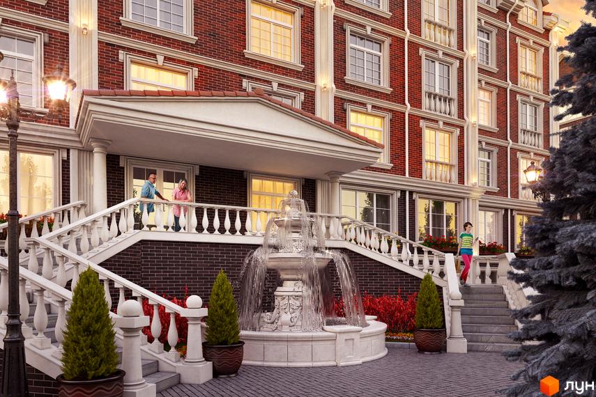 Зображення фасаду та прибудинкової території Житлового комплексу Британський квартал. Цегляний будинок з білими колонами та фонтаном.