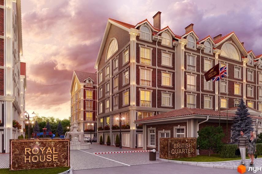 Зображення фасаду та прибудинкової території Житлового комплексу British Quarter. Вигляд будинку з червоної цегли та доглянутий двір.