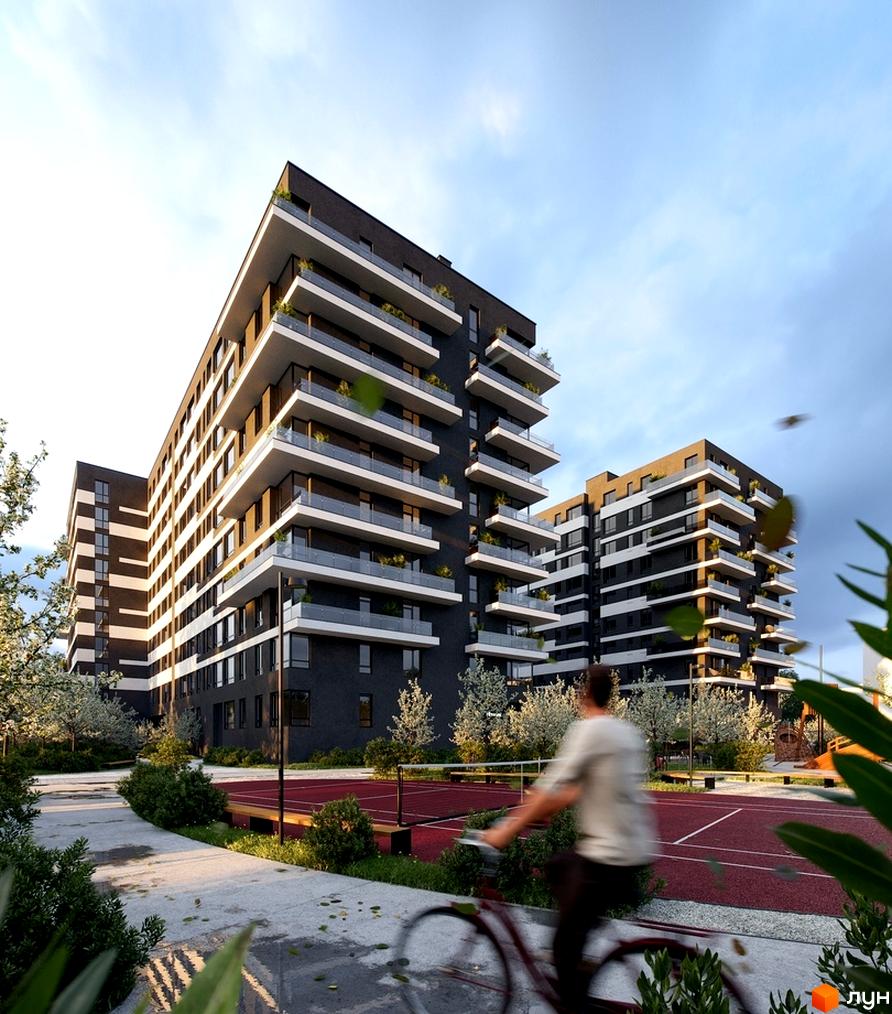 Зображення сторінки Житлового комплексу Avalon Flex з фасадом будинку та прибудинковою територією з велодоріжкою.